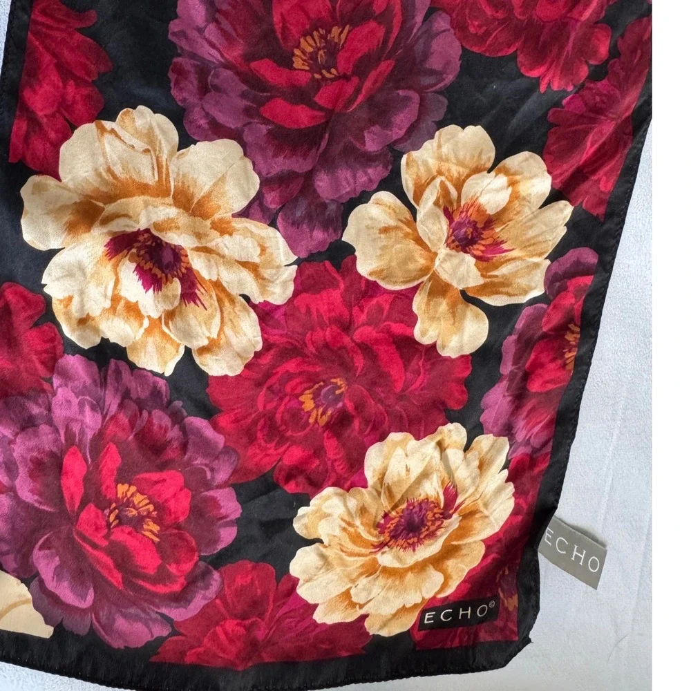 Echo Silk Scarf Red Burgundy Cream Floral Peony Print Oblong Neck floral luxury